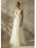 V Neck Ivory Lace Tulle Velvet Flowers Wedding Dress